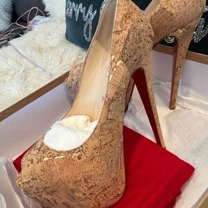 Christian Louboutin HIGHNESS 160 Cork Lame Platform Peep-ToeHeels with Red Soles